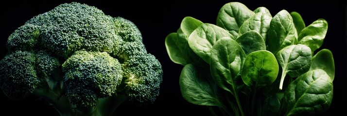 Poster - Modern Studio Shot Showcasing Fresh Broccoli and Spinach Under Contemporary Lighting Effects