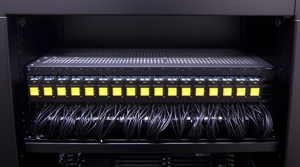 Poster - Network server rack with illuminated components and numerous cables.