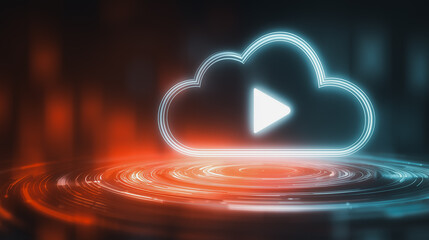 Poster - Digital Cloud and Play Symbol: An illuminated cloud play button hovers amidst digital light patterns, conjuring concepts of online media and digital content.