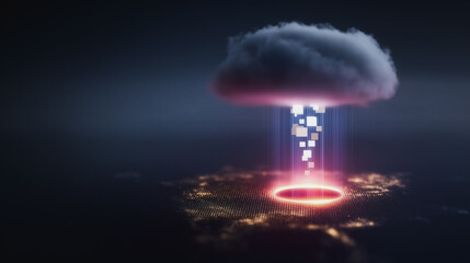 Fototapete - Digital Data Explosion: A stunning digital representation shows data eruption from a red circle, ascending into a cloud. Symbolizing the dynamic energy of information technology.
