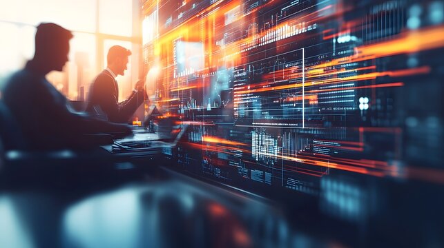 Businessmen collaborating with dynamic data visualizations.