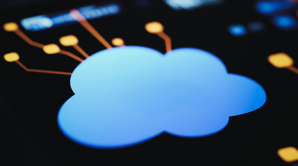 Poster - Cloud Computing Network: A close-up shot of a glowing blue cloud icon on a dark screen, symbolizing the vast network of cloud computing.