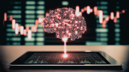 Poster - Brain of the Future: A glowing, intricately designed digital brain hovers above a tablet, symbolizing technological innovation, artificial intelligence.