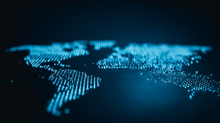 Poster - Global Connectivity: A mesmerizing display of interconnectedness, as a digital world map illuminates with glowing dots. Each point of light representing a connection.