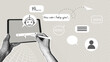 © Наталья Косаревич - A trendy collage of halftone images. Chatbot user interface and digital communication. The concept of using a chatbot with artificial intelligence, an intelligent system in the modern world of