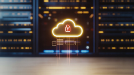 Poster - Secured Cloud Data Storage: Illuminated cloud and padlock symbol hovering above server racks, symbolizing digital security and secure data storage.