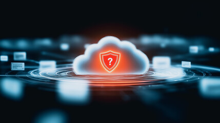 Poster - Cloud Security Enigma: A glowing cloud icon with a shield and question mark, symbolizing the mystery and importance of cloud security in the digital age. Network nodes surround the cloud.