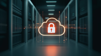 Poster - Cloud Security Illustration: A striking visualization of cloud security with a glowing lock symbol within a cloud shape, set against a server room backdrop.