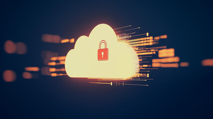 Poster - Cloud Security Concept: Digital cloud security concept with a vibrant glow, lock symbol inside the cloud. Embracing the power of innovation and safety of information.