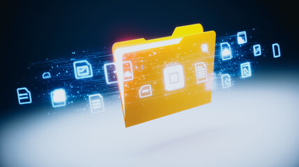 Fototapete - Data Flow: An innovative representation of digital information transfer, showcasing a glowing folder at the heart of a dynamic data stream. 