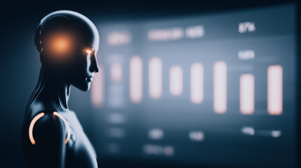 Poster - Digital Sentience: A sleek, futuristic humanoid figure observes complex data analysis. The image emphasizes cutting-edge technology.