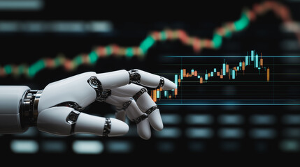 Poster - Robotic Hand in Financial Market Analysis: A sleek robotic hand, symbolizing technological advancement, interacts with intricate financial data.