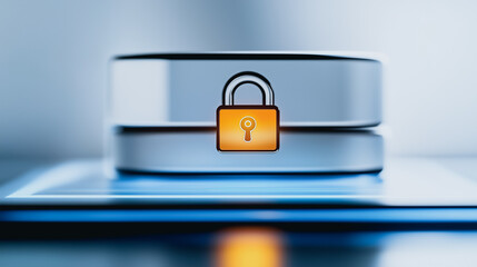 Poster - Digital Fortress: A visual metaphor for data security, featuring a locked hard drive on a digital tablet, emphasizing protection and privacy.
