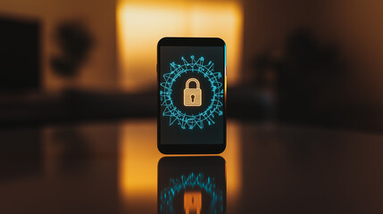 Poster - Smartphone Security: A close-up shot of a smartphone with a lock icon on the screen, symbolizing security and privacy in the digital age. The soft focus background suggests a modern setting.