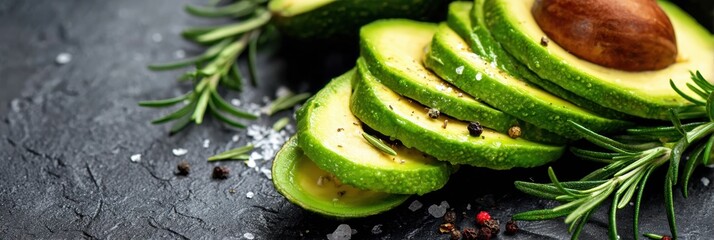 Poster - Sliced Avocado on a Dark Stone Surface With Fresh Greens and Herbs Alongside Ready for a Healthy Meal