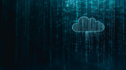 Fototapete - Digital Cloudscape: This image illustrates a luminous cloud symbol, framed by a cascade of digital rain.
