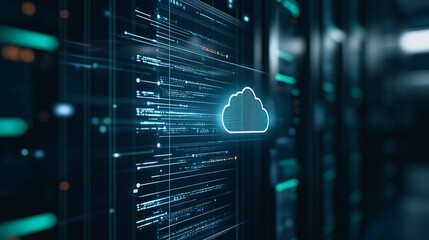 Fototapete - Cloud Computing in Data Center: The image showcases a futuristic data center environment, the cloud computing icon is illuminated amidst a complex display of code.