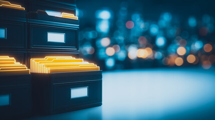 Fototapete - Digital Archives: Illuminated file cabinets with glowing, digitized data, offering a futuristic perspective on information management. Emphasizing efficiency and modern technology.