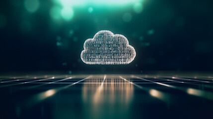 Poster - Cloud Computing Abstraction: A stunning visual representation of cloud computing, a digital cloud formed by binary code, sitting above a grid, set against a vibrant teal gradient background.