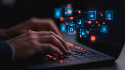 Poster - Cybersecurity at Work: Close-up of hands typing on a laptop, with a network of digital locks and lights signifying a high level of digital security.