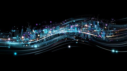 Poster - Digital city skyline design with abstract wave patterns.