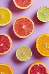 Poster - Vibrant Citrus Fruits Arranged in Geometric Pattern on Soft Pastel Background With Space Above for Text