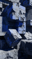 Aufkleber - Abstract composition of decaying concrete cubes, layered and textured in shades of blue and grey.