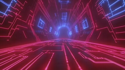 Poster - Neon glowing circuit board tunnel.