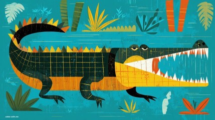 Poster - Colorful crocodile in a vibrant aquatic scene.