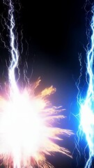 Poster - Dynamic electric discharge animation on a black background featuring colorful lightning strikes and energy particles colliding