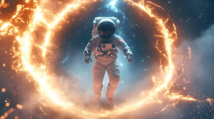 Poster - Astronaut striding through a fiery cosmic ring.