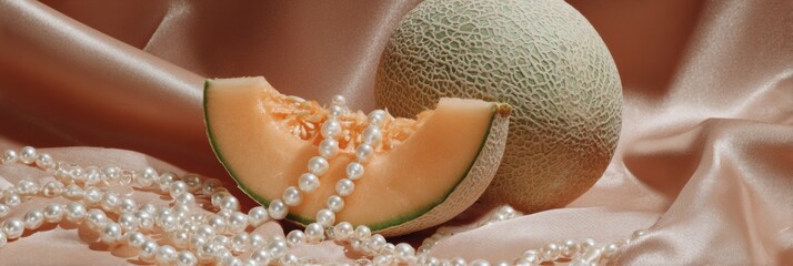 Poster - Soft Color Still Life Featuring Cantaloupe and Pearls Arranged on a Delicate Fabric During a Serene Moment of Reflection in a Conceptual Style