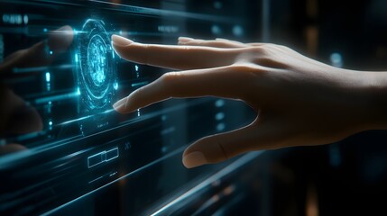 Poster - A hand interacts with a futuristic touch screen interface.