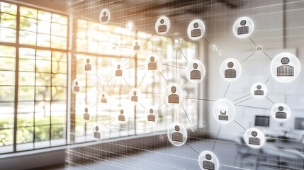 Fototapete - Network of interconnected people overlaid on a modern office space.