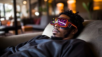 Poster - Person wearing virtual reality headset, relaxed on a couch.