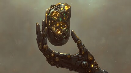 Poster - Detailed mechanical hand holds a complex, glowing device.