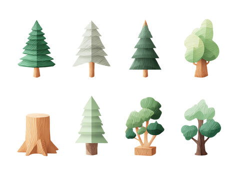 Stylized Pixel Art Trees Collection on Transparent Background with Varying Green Hues and Shapes for Game Assets and Graphic Projects, PNG