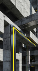 Aufkleber - Abstract concrete structure with geometric shapes and yellow accents, creating a modern architectural design.
