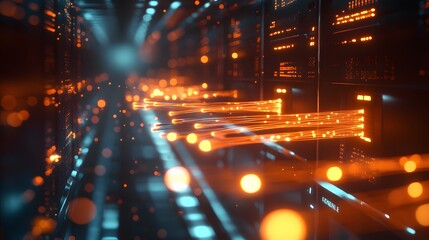 Poster - Futuristic server room filled with glowing fiber optic cables.
