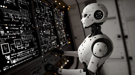 Poster - White robot operating a complex system of screens.