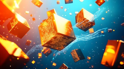Poster - Floating cubes with glowing patterns in a dynamic digital scene.