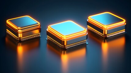 Poster - Three illuminated computer chips on a dark surface.