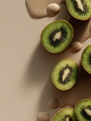 Poster - Floating Kiwi Halves on a Neutral Canvas Create a Minimalistic Composition With a Focus on Natural Textures and Vibrant Colors