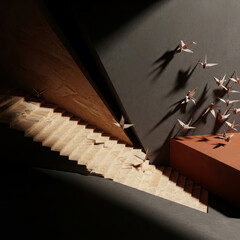 Aufkleber - Origami birds fly towards a descending wooden staircase, nestled within an abstract geometric setting of earthy tones.