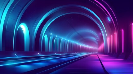 Aufkleber - Neon-lit tunnel with glowing architectural details.