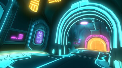 Poster - Futuristic neon tunnel interior.