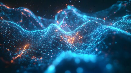 Poster - Abstract digital landscape with glowing particles.