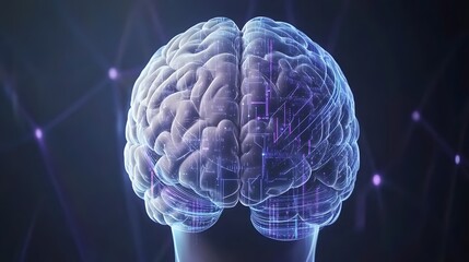 Poster - Digital representation of a human brain with superimposed circuit design.