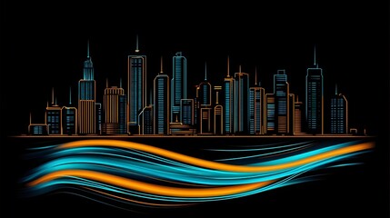 Aufkleber - Neon city skyline on a dark background with flowing lines.