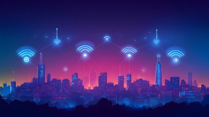 Poster - Wireless network connectivity over a modern city at night.